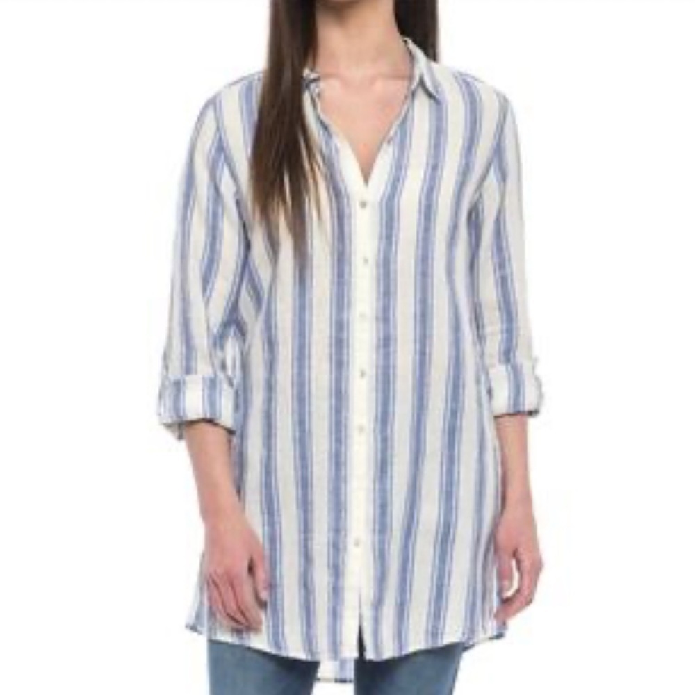 ST. TROPEZ WEST Button Down Blue and White Striped Tunic Shirt Size Medium